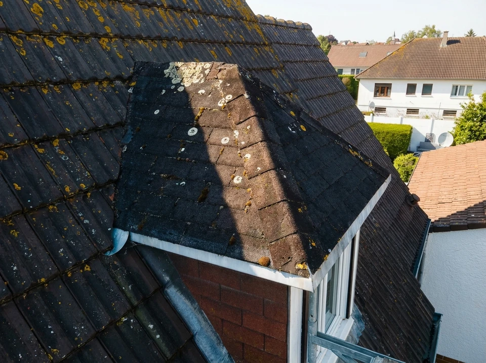Ouvrier en combinaison bleue travaillant sur toiture en tuiles d'argile rouge-orange d'une maison méditerranéenne